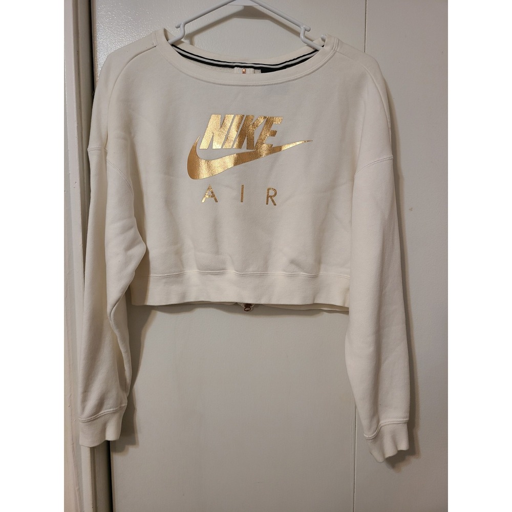 Nike White Cropped Sweatshirt Metallic Rose Gold Logo and Zipper Back. Size S